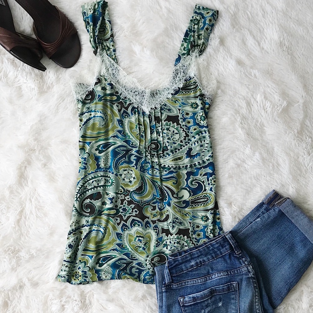 Banana Republic blue and paisley print camisole top lace trim vintage Size XS